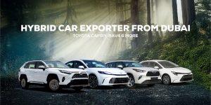 Four Toyota hybrid cars in front of a forest, promoting hybrid car exports from Dubai including Camry and RAV4.