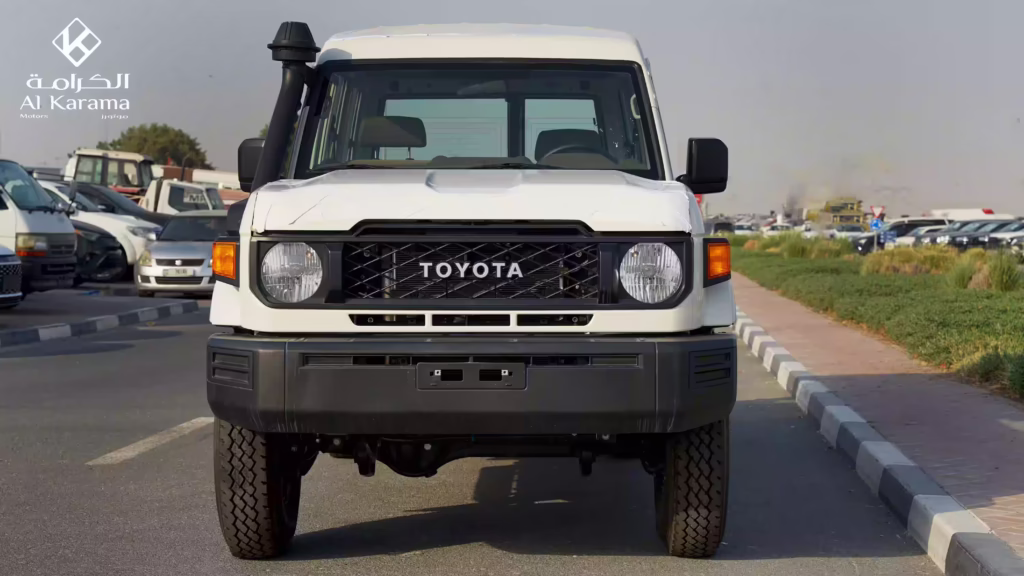 Front view of white 2026 Toyota Land Cruiser LC78 diesel hardtop with snorkel