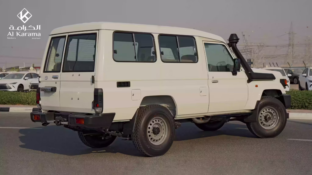 Rear three-quarter view of white 2026 Toyota Land Cruiser LC78 4WD hardtop