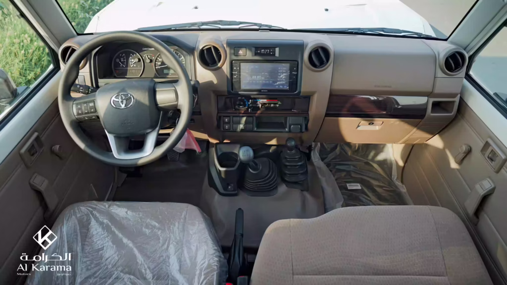 Dashboard of 2026 Toyota Land Cruiser LC78 with touchscreen and manual transmission