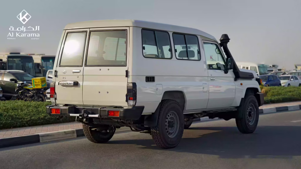 Rear three-quarter view of white 2026 Toyota Land Cruiser LC78 V6 4WD hardtop
