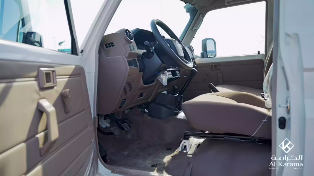 Driver cabin of 2026 Toyota Land Cruiser LC78 with brown fabric seats and manual transmission