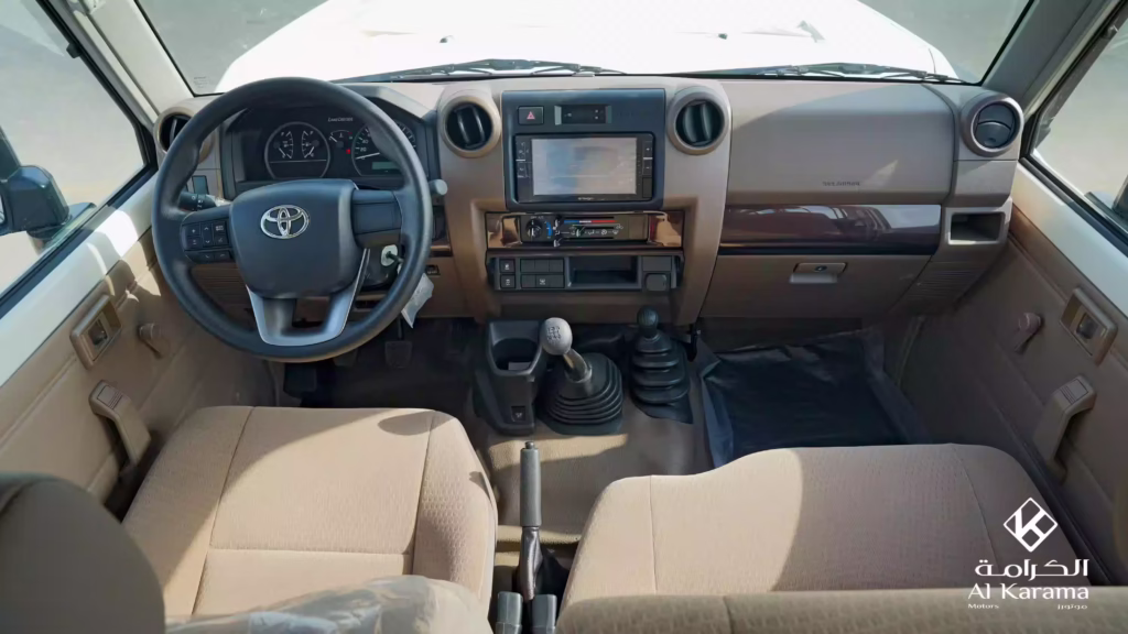 Full dashboard of 2026 Toyota Land Cruiser LC78 with touchscreen and manual transmission