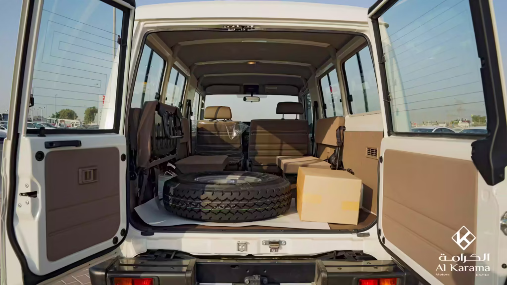 Rear cargo and passenger area of 2026 Toyota LC78 with split doors and spare wheel