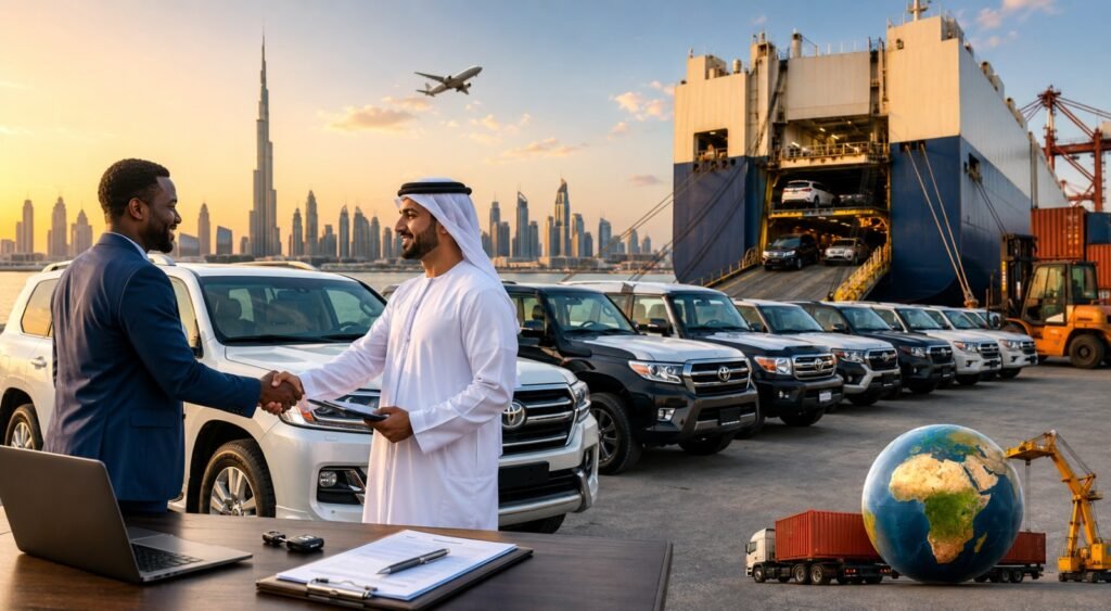 Professional car export agreement in Dubai featuring a business handshake beside Toyota Land Cruiser SUVs at a shipping port with a RoRo vessel, Burj Khalifa skyline, cargo containers, and global vehicle export logistics.
