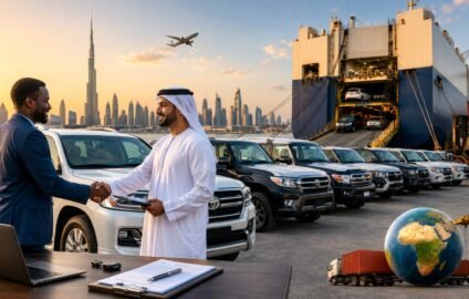 Professional car export agreement in Dubai featuring a business handshake beside Toyota Land Cruiser SUVs at a shipping port with a RoRo vessel, Burj Khalifa skyline, cargo containers, and global vehicle export logistics.