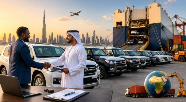 Professional car export agreement in Dubai featuring a business handshake beside Toyota Land Cruiser SUVs at a shipping port with a RoRo vessel, Burj Khalifa skyline, cargo containers, and global vehicle export logistics.